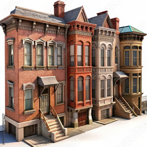 3D Render of a historic brownstone neighborhood with restored facades and modern interiors, on isolated white background, Generative AI