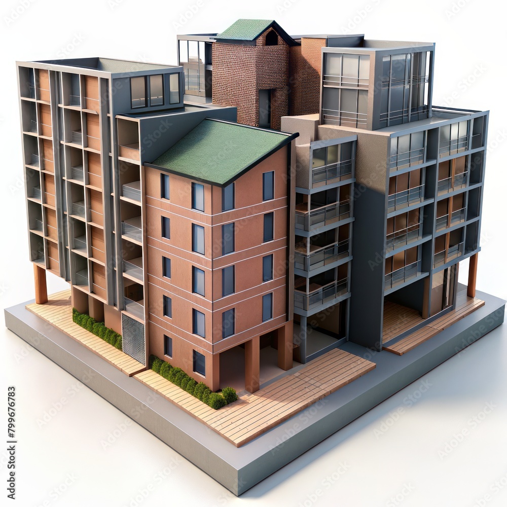 3D Render of a mixed-income housing project with affordable units alongside market-rate apartments, on isolated white background, Generative AI 3D Render of a mixed-income housing project with affordable units alongside market-rate apartments, on isolated white background, Generative AI