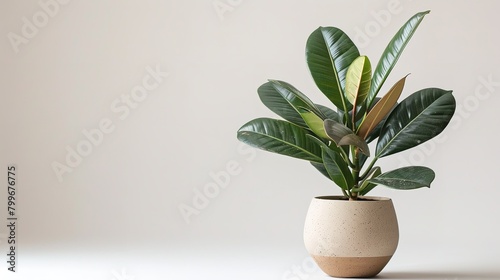 Lovely ornamental rubber fig tree houseplant in a ceramic planter over a white setting and lovely lush foliages for visual impact space, Generative AI.