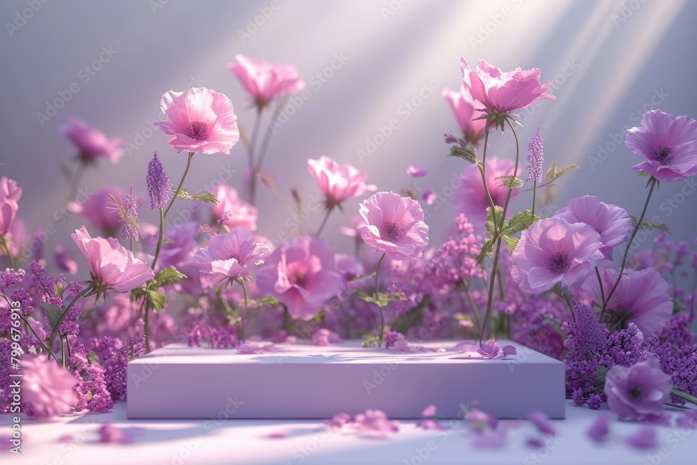 Podium with pink flowers. Abstract background for product presentation