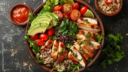 Healthy salad bowl with quinoa, tomatoes, chicken, avocado, lime and mixed greens, lettuce, parsley on wooden background top view, Food and health