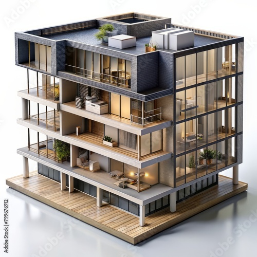 3D Render of a mixed-use residential building with ground-floor retail spaces and upper-level apartments, on isolated white background, Generative AI © Box Milk