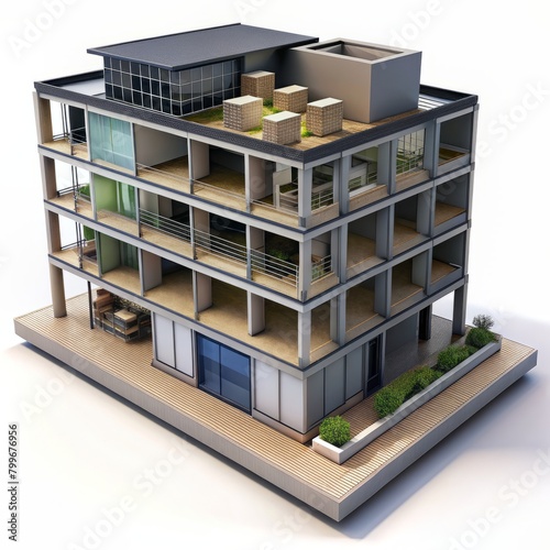 3D Render of a mixed-use residential building with ground-floor retail spaces and upper-level apartments, on isolated white background, Generative AI