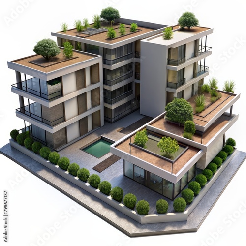 3D Render of a modern apartment complex with sleek architecture and landscaped gardens, on isolated white background, Generative AI