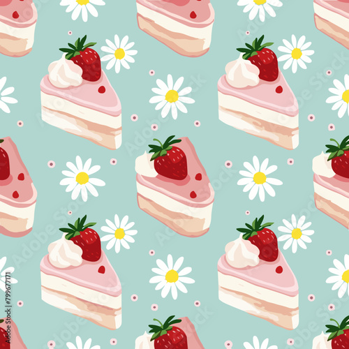 strawberry cake and daisies seamless pattern, vector illustration, flat design, pastel background, cute style, vintage style