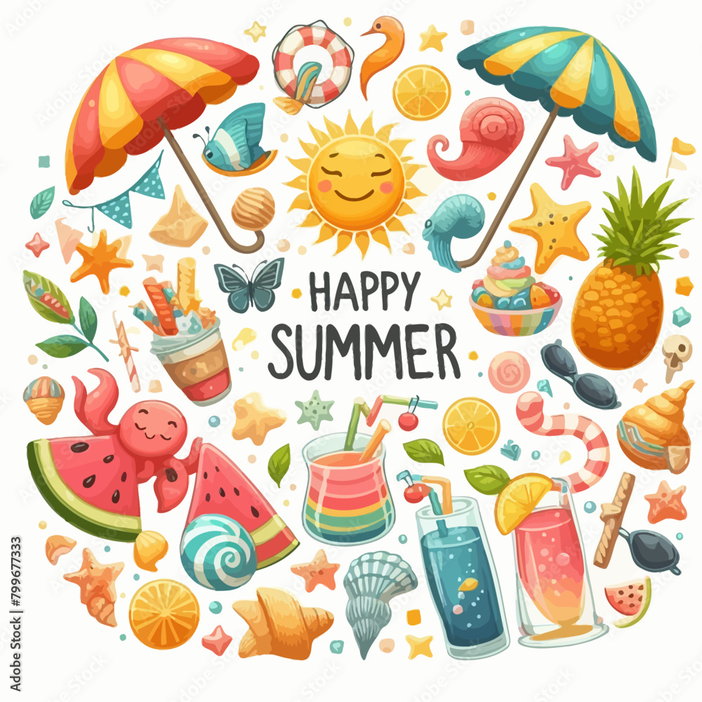 cute summer holiday beach elements. Hello summer lettering. Cartoon vector illustration.