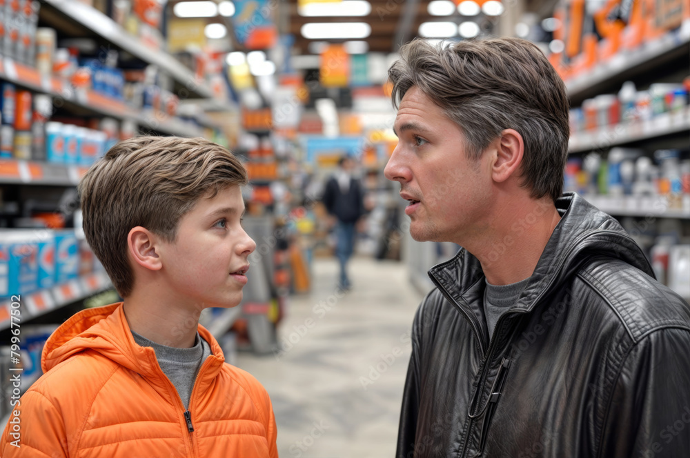 Father and son looking at each other while shopping in a grocery store Father and son looking at each other while shopping in a grocery store