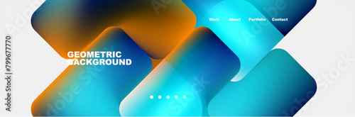 A closeup of a blue and orange geometric background with arrows, resembling water currents. The design features electric blue fins and a font suggesting underwater movement