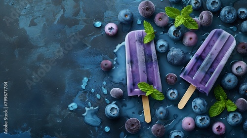 Homemade blueberry ice cream or popsicles decorated green mint leaves on teal rustic table, frozen fruit juice, vintage style, top view © Food Cart