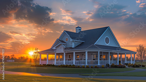 Dramatic sunset setting behind a newly built clubhouse with a white porch and gable roof with semi-circle window, in ultra HD. photo