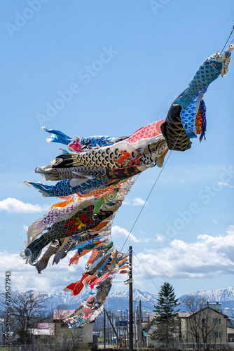 空を泳ぐたくさんの鯉のぼり 北海道大樹町