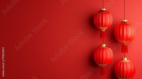 a simple chinese new year red background with three red lanterns aspect ratio 2 1