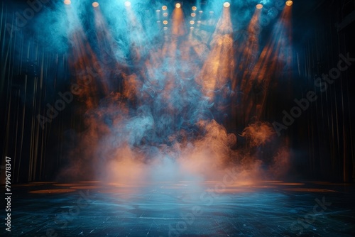 Theater stage light background with spotlight illuminated the stage for opera performance. Empty stage with warm ambiance colors  fog  smoke  backdrop  Generative AI