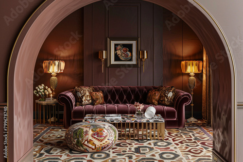 From beneath the elegant curve of an archway, view a refined living room boasting a mulberry velvet sofa, an art deco-inspired coffee table, and ornate gold lamps.
