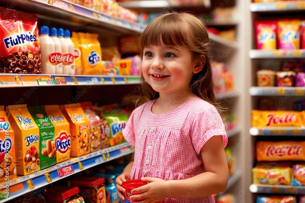 Happy little girl buying candy and sweets snacks shopping at the store