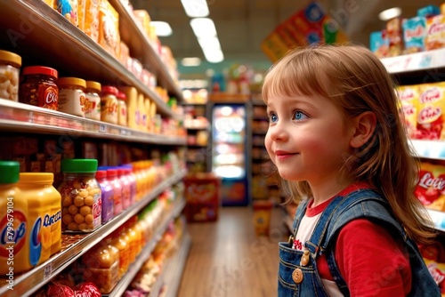 Happy little girl buying candy and sweets snacks shopping at the store photo