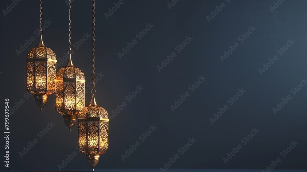 a group of Ramadan lanterns hanging on the left side on an empty orange background, in the style of light navy and light gold a group of Ramadan lanterns hanging on the left side on an empty orange background, in the style of light navy and light gold