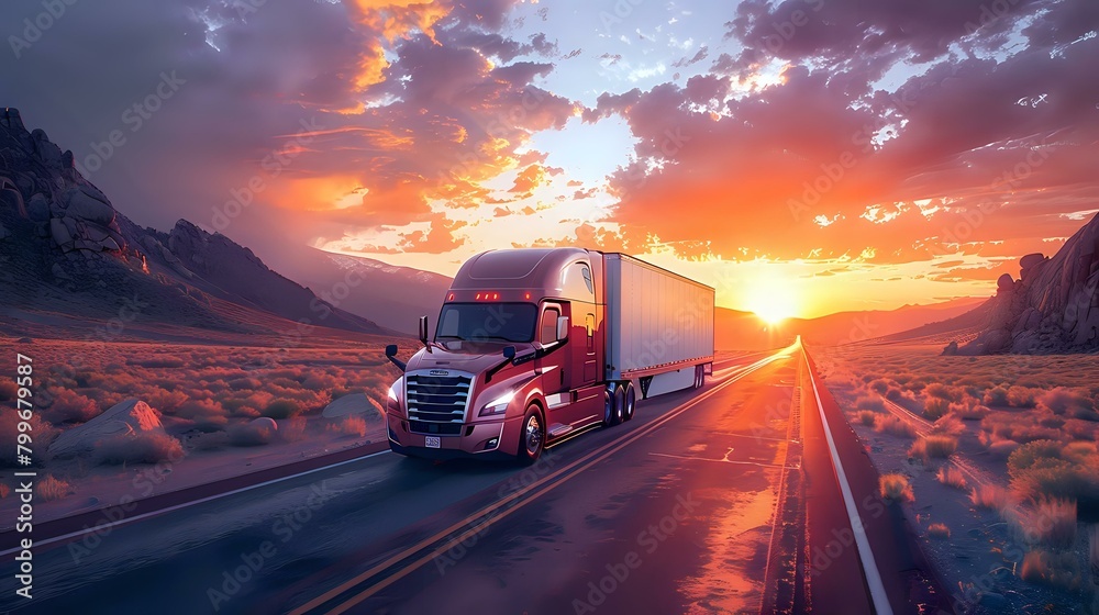 Semi-Truck Journey: Sunset Drive Through the Scenic Mountains