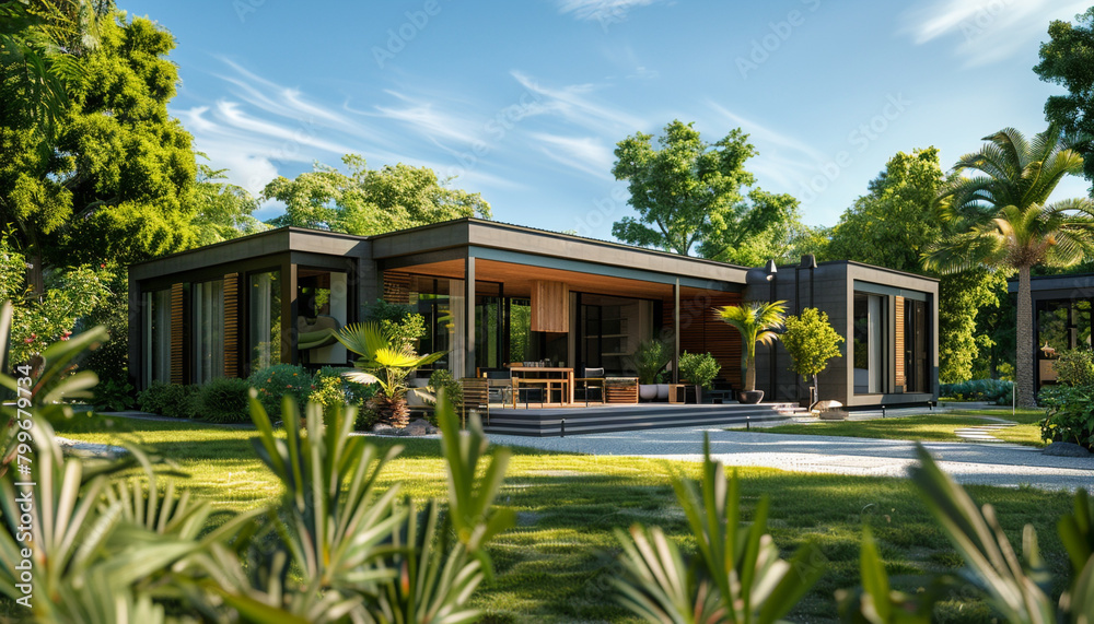 High-tech modular residence with innovative design and sustainable features, nestled in a lush green setting on a sunny day.