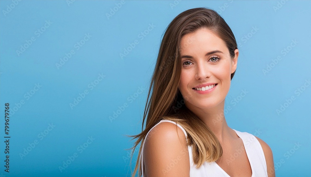 On blue copy space background, cheerful happy confident good-looking woman with good vibe, beautiful lovely smile with healthy teeth, On blue copy space background, cheerful happy confident good-looking woman with good vibe, beautiful lovely smile with healthy teeth,