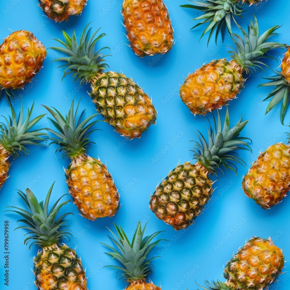 A pattern of pineapples on a blue background. A pattern of pineapples on a blue background.