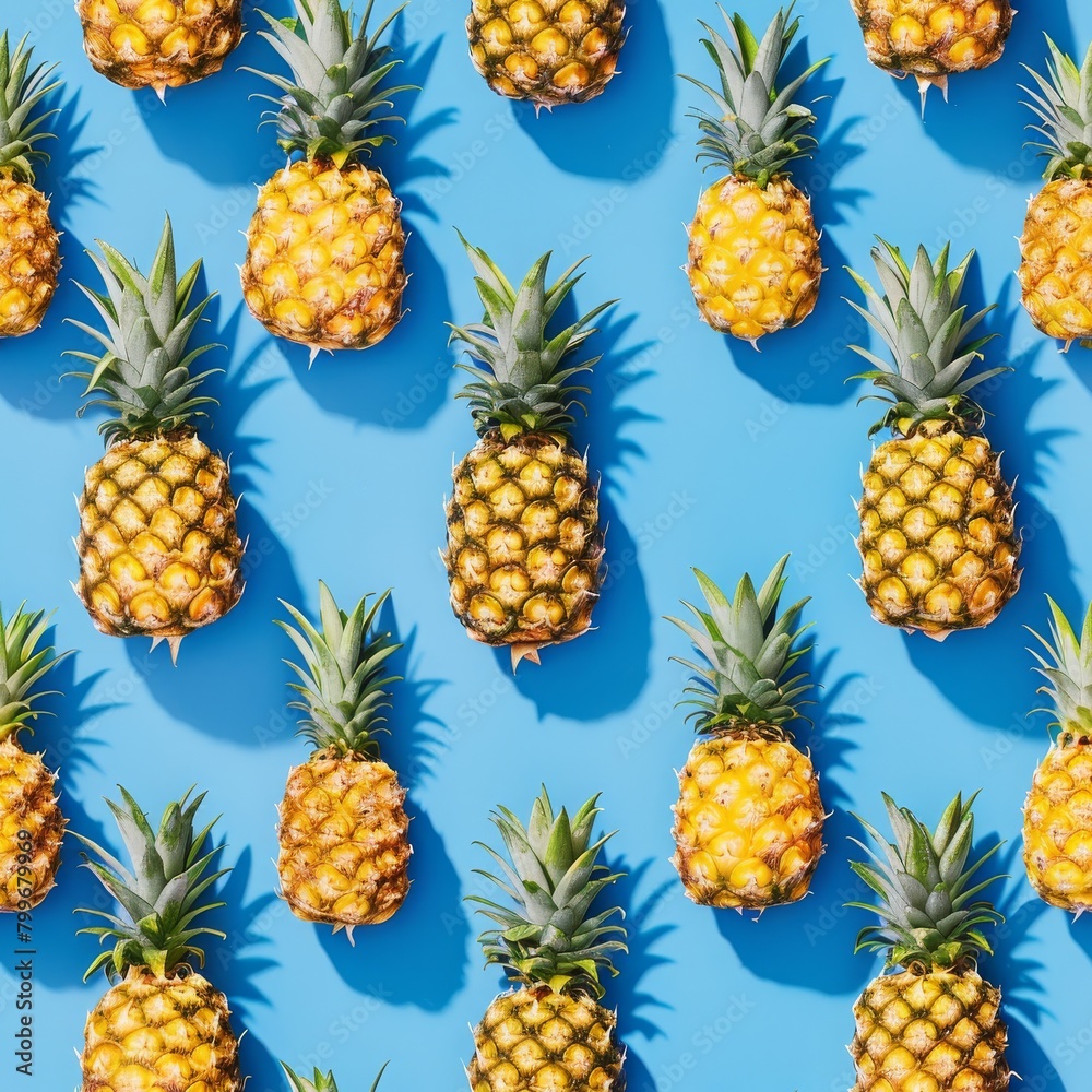 A pattern of pineapples on a blue background. A pattern of pineapples on a blue background.