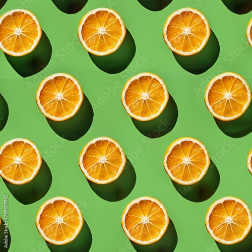 A pattern of orange slices on a green background