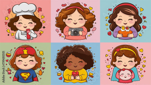 A collection of twelve diverse and adorable cartoon mother stickers