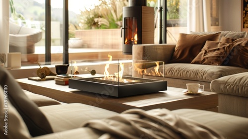 A tabletop fireplace sits atop a sleek console table providing a unique and modern touch to the openconcept living space. The dancing flames add a touch of warmth to 2d flat cartoon.