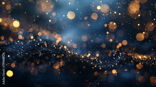 Golden Elegance: Dark Blue and Gold Particles in Festive Bokeh