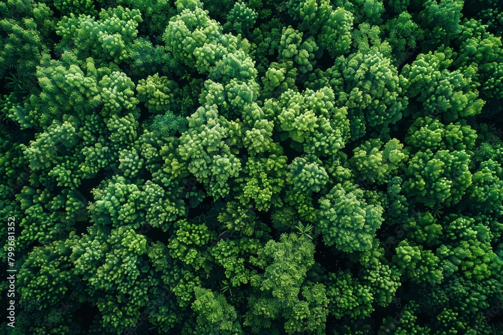 Aerial top view of mangrove forest. Drone view of dense green mangrove trees captures CO2. Green trees background for carbon neutrality and net zero emissions concept. Sustainable green, Generative AI