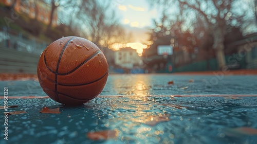 Empty outdoor basketball court and ball lying on asphalt photo