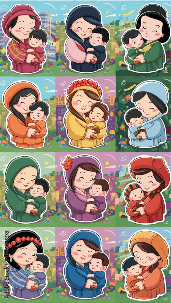 A collection of twelve diverse and heartwarming mother stickers A collection of twelve diverse and heartwarming mother stickers