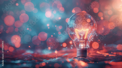 Enchanting photo of an illuminated light bulb surrounded by ethereal red bokeh lights exemplifying inspiration and ideas