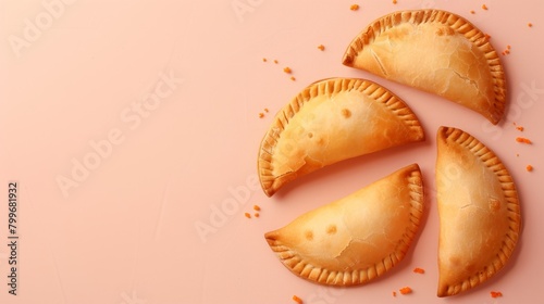 Flat lay empanadas meat meal stuffed pastel baked salty appetizer photo