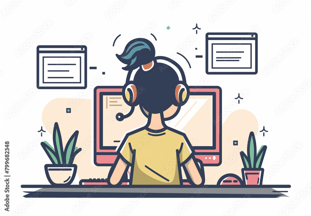 A vibrant illustration depicting a person from behind sitting at a work desk with a computer and headphones A vibrant illustration depicting a person from behind sitting at a work desk with a computer and headphones