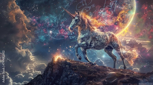 A majestic unicorn its coat shimmering with celestial stardust stands on a mountaintop adorned with symbols of the zodiac. As it lowers . . photo