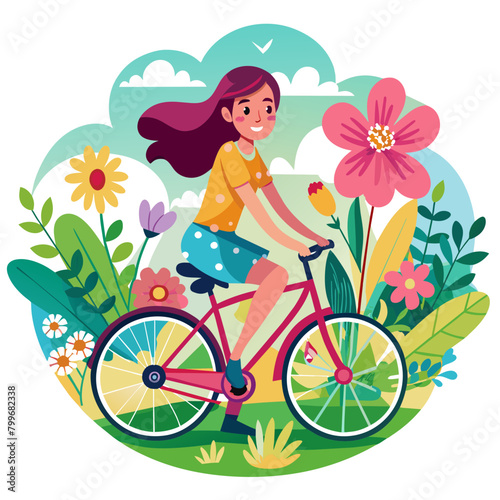 illustration capturing the essence of summer with a beautiful girl riding a bicycle through a field of blooming flowers