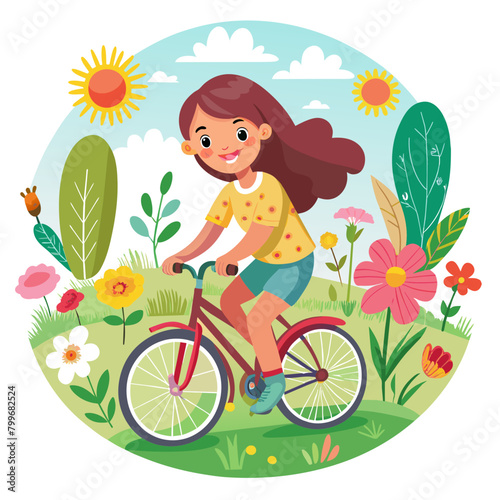 illustration capturing the essence of summer with a beautiful girl riding a bicycle through a field of blooming flowers
