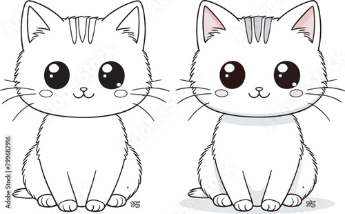 Cute cartoon cat character, line drawings and colorful coloring pages.