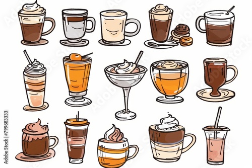 Cartoon cute doodles of a cozy coffee shop offering a variety of specialty drinks, from classic espressos to decadent mochas with whipped cream, Generative AI photo