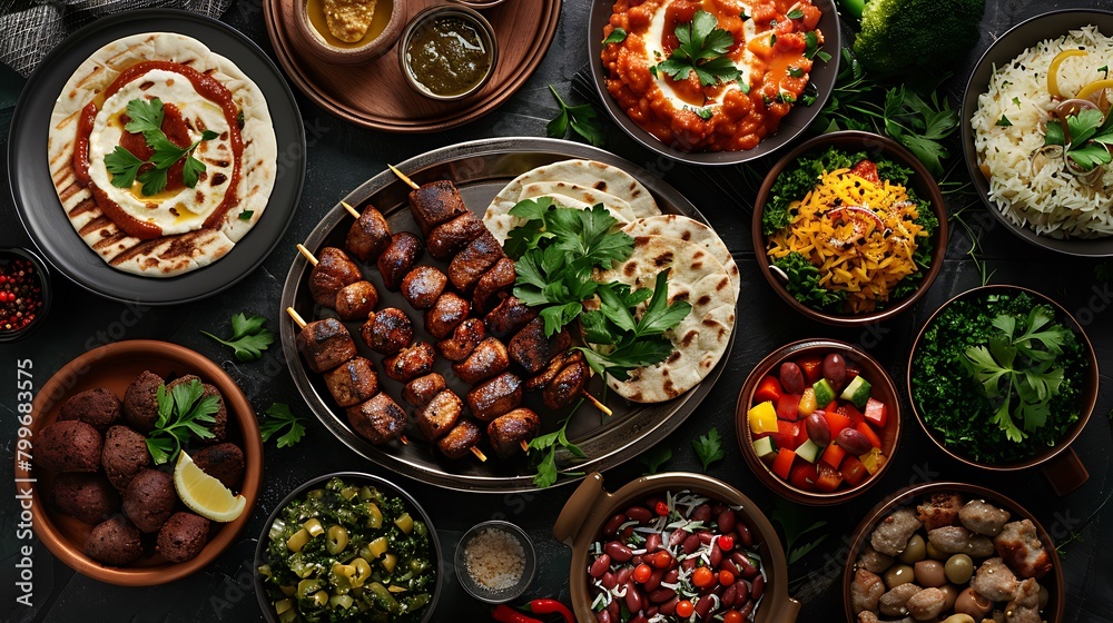 Middle eastern or arabic dishes and assorted meze on a dark background, Meat kebab, falafel, baba ghanoush, hummus, rice with vegetables, sambusak, kibbeh, pita, Halal food, Space for text, Top view