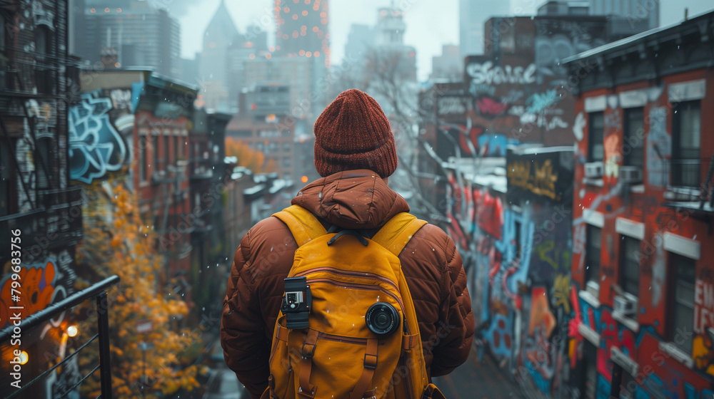 A photographer in a jacket takes pictures on the street A photographer in a jacket takes pictures on the street