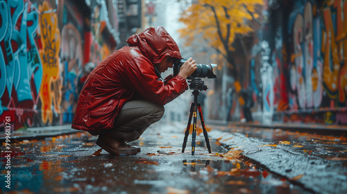 A photographer in a jacket takes pictures on the street