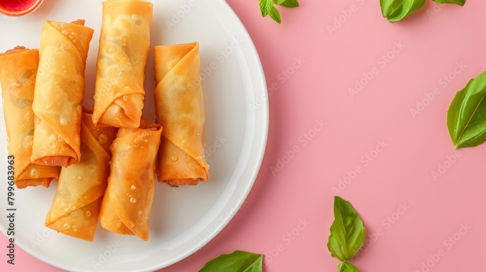 Flat lay fried spring roll crunchy snack homemade on white plat isolated pink