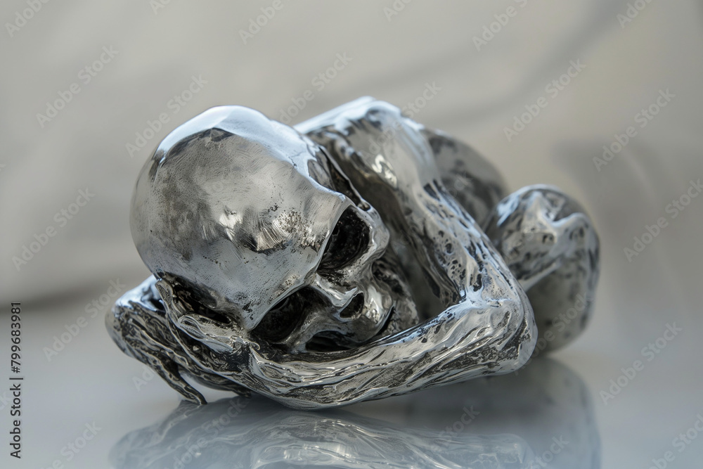 sculpture made of mercury, hugging his own skull head, silver polished, reflecting surface, photorealistic // ai-generated sculpture made of mercury, hugging his own skull head, silver polished, reflecting surface, photorealistic // ai-generated