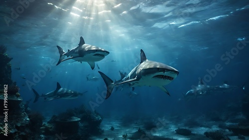 A collection of sharks swimming under the sea was created using generative AI © Fahmi