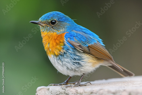 Blue and yellow bird perched on edge of table