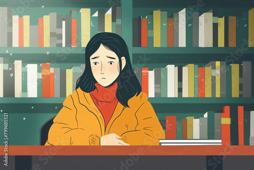 Illustration of woman seated at a desk, engrossed in reading, studying, surrounded by an expansive collection of books on shelves,  yellow jacket, quiet space, introspection