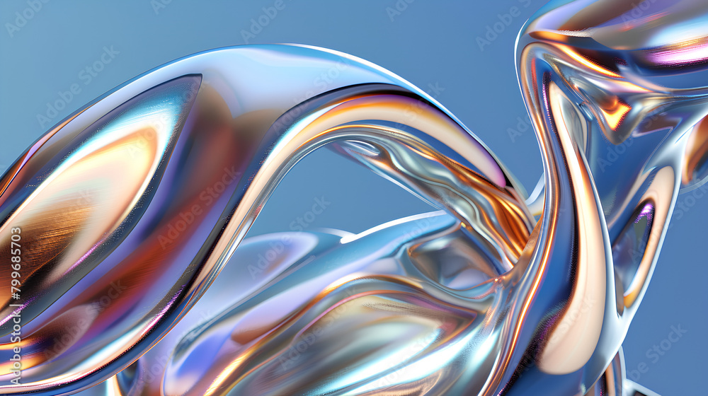  Reflective Elegance, 3D Twisted Chrome Sculpture on Sky Blue Background with Copy Space